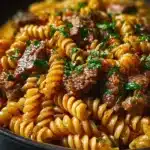 Creamy garlic butter steak pasta dish garnished with herbs