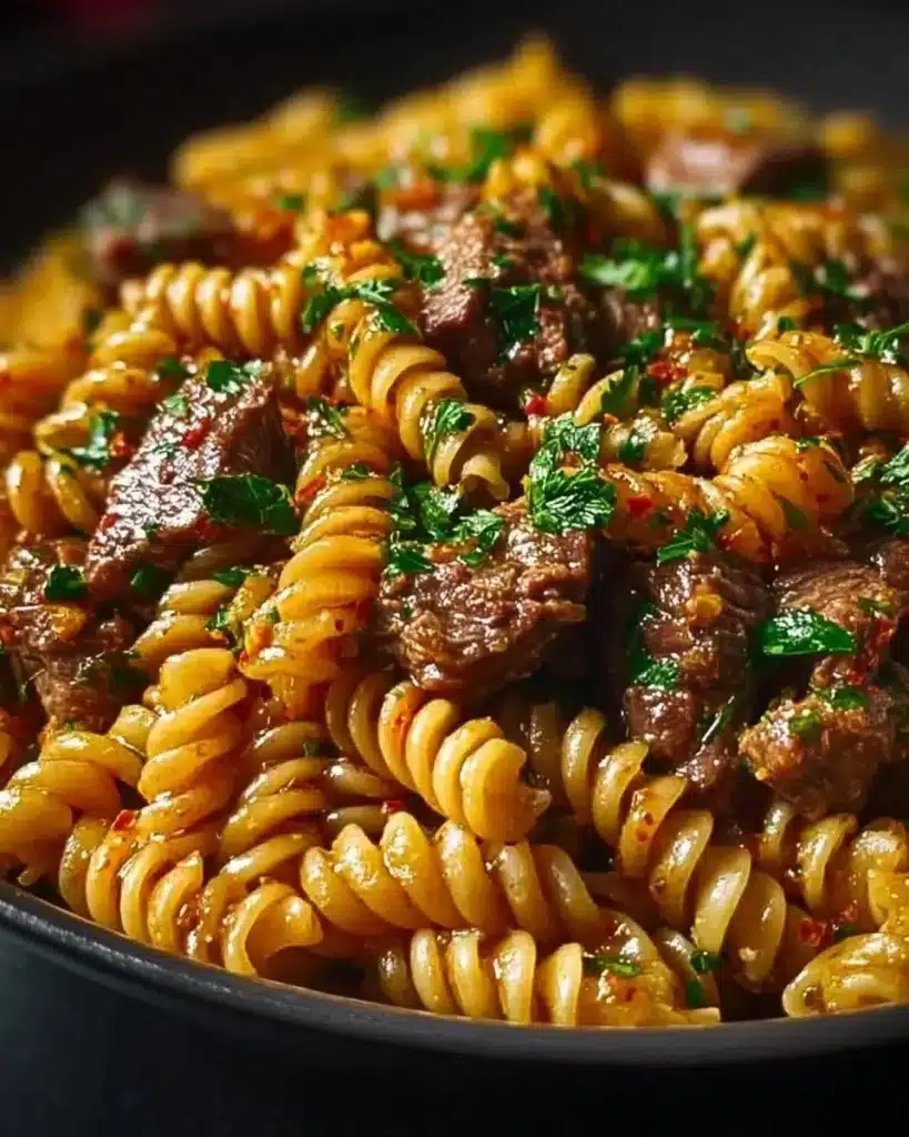 Creamy garlic butter steak pasta dish garnished with herbs