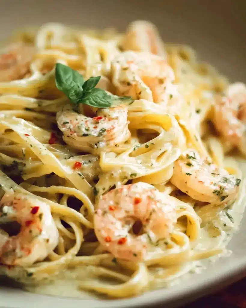 Creamy garlic prawn pasta dish garnished with herbs
