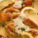 Creamy lemon chicken breast served with herbs and a lemon slice