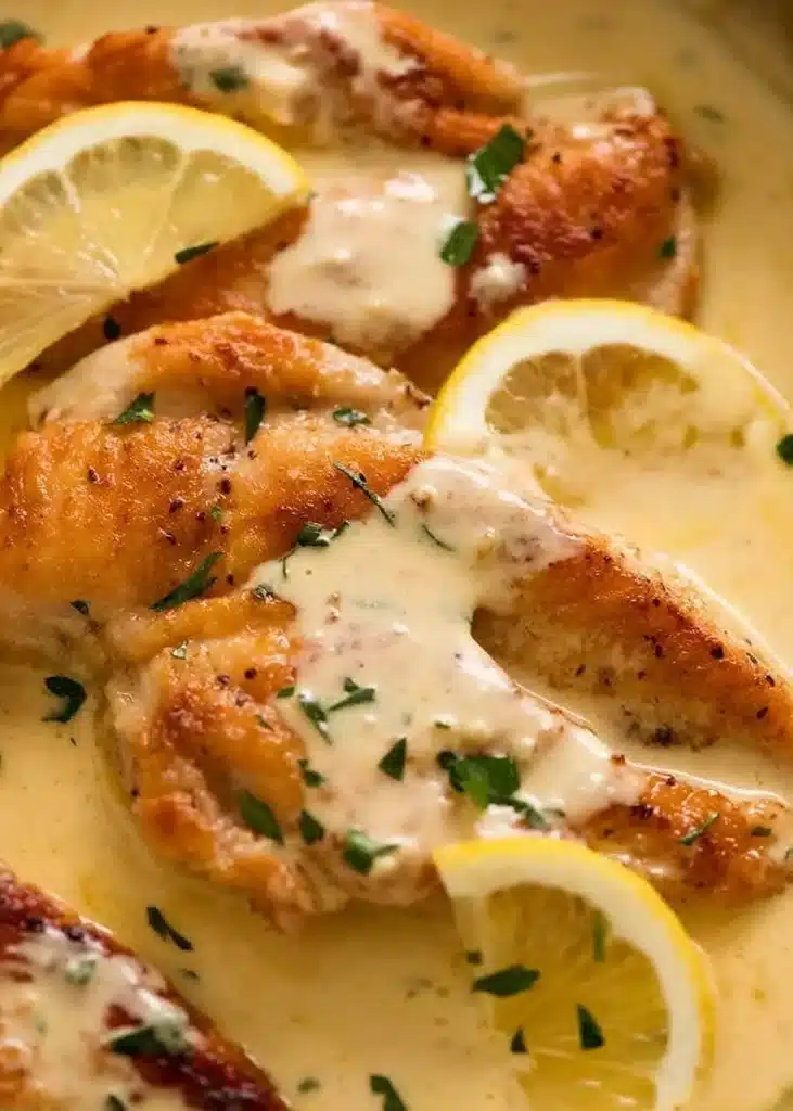 Creamy lemon chicken breast served with herbs and a lemon slice
