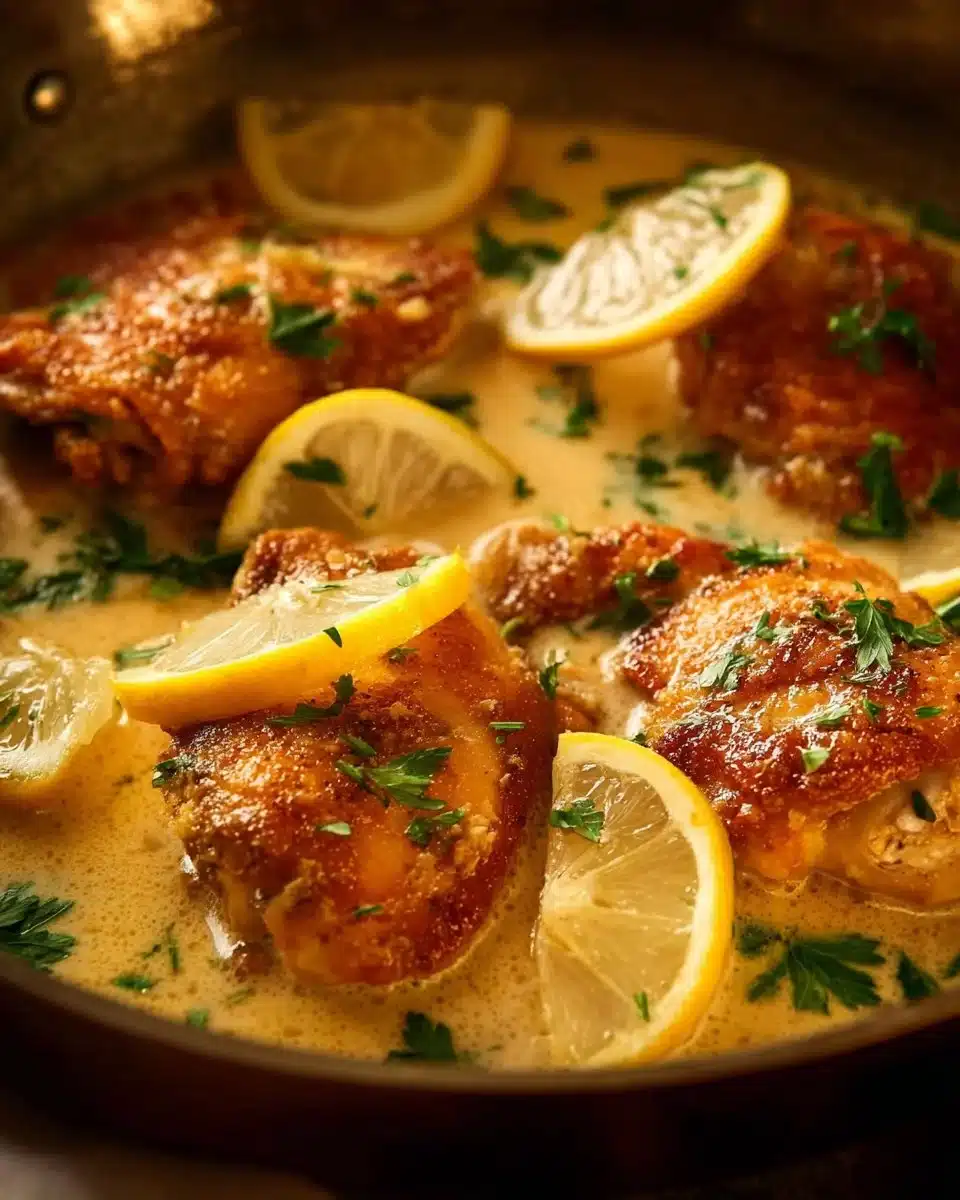 Plate of creamy lemon chicken breast garnished with herbs