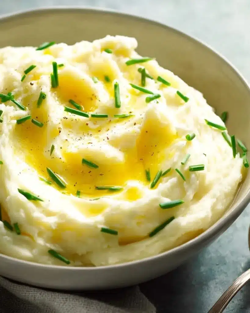 Creamy mashed potato dish topped with herbs for flavor.