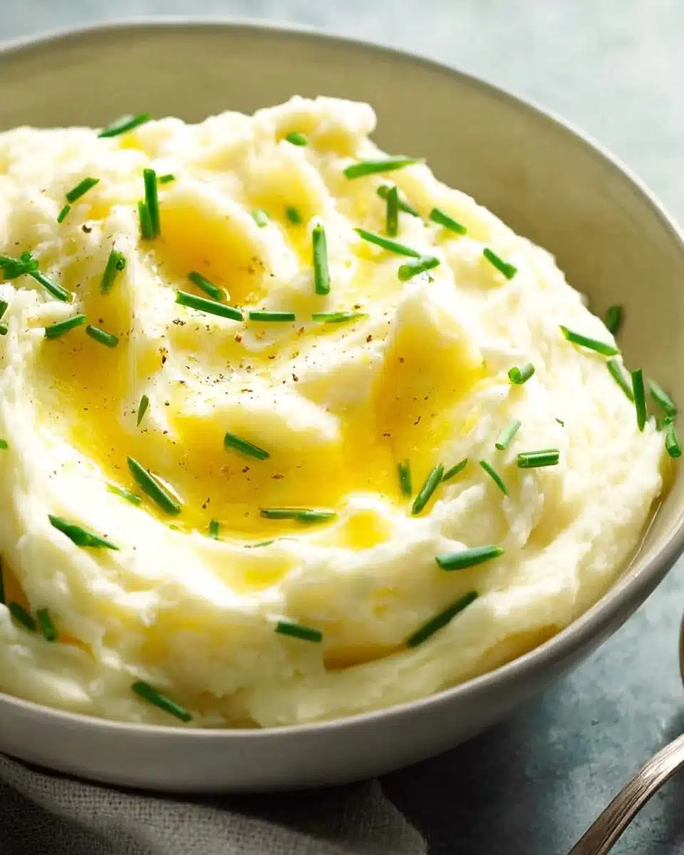 Creamy mashed potato dish topped with herbs for flavor.