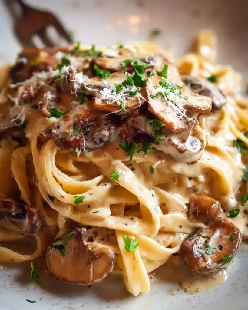 Creamy mushroom pasta dish garnished with parsley and served on a plate