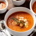 Delicious creamy tomato soup served in a bowl with fresh basil.