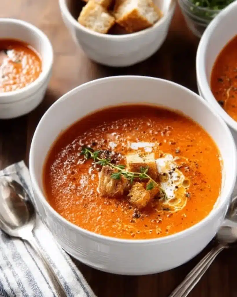 Delicious creamy tomato soup served in a bowl with fresh basil.