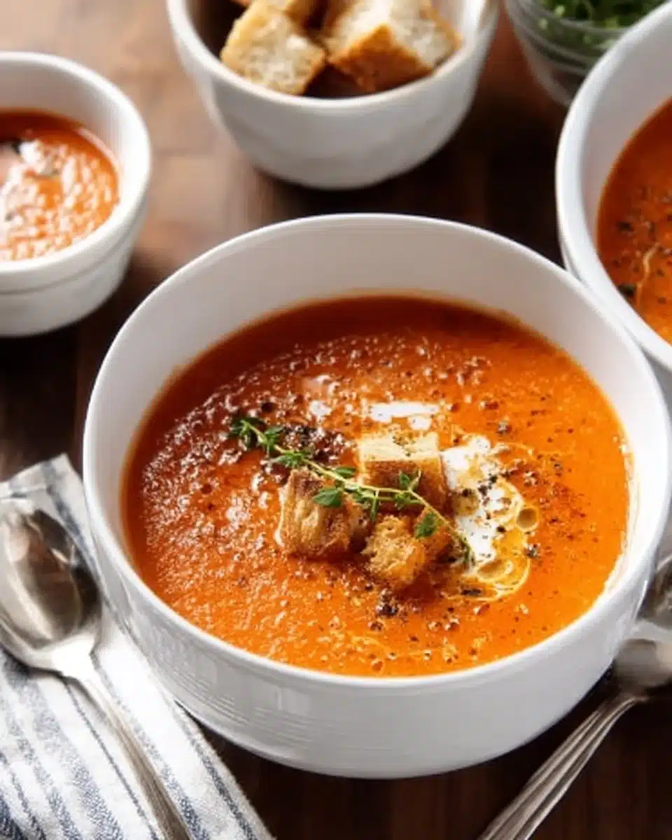 Delicious creamy tomato soup served in a bowl with fresh basil.