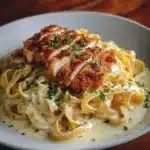 Crispy chicken served with creamy pasta for a delicious meal