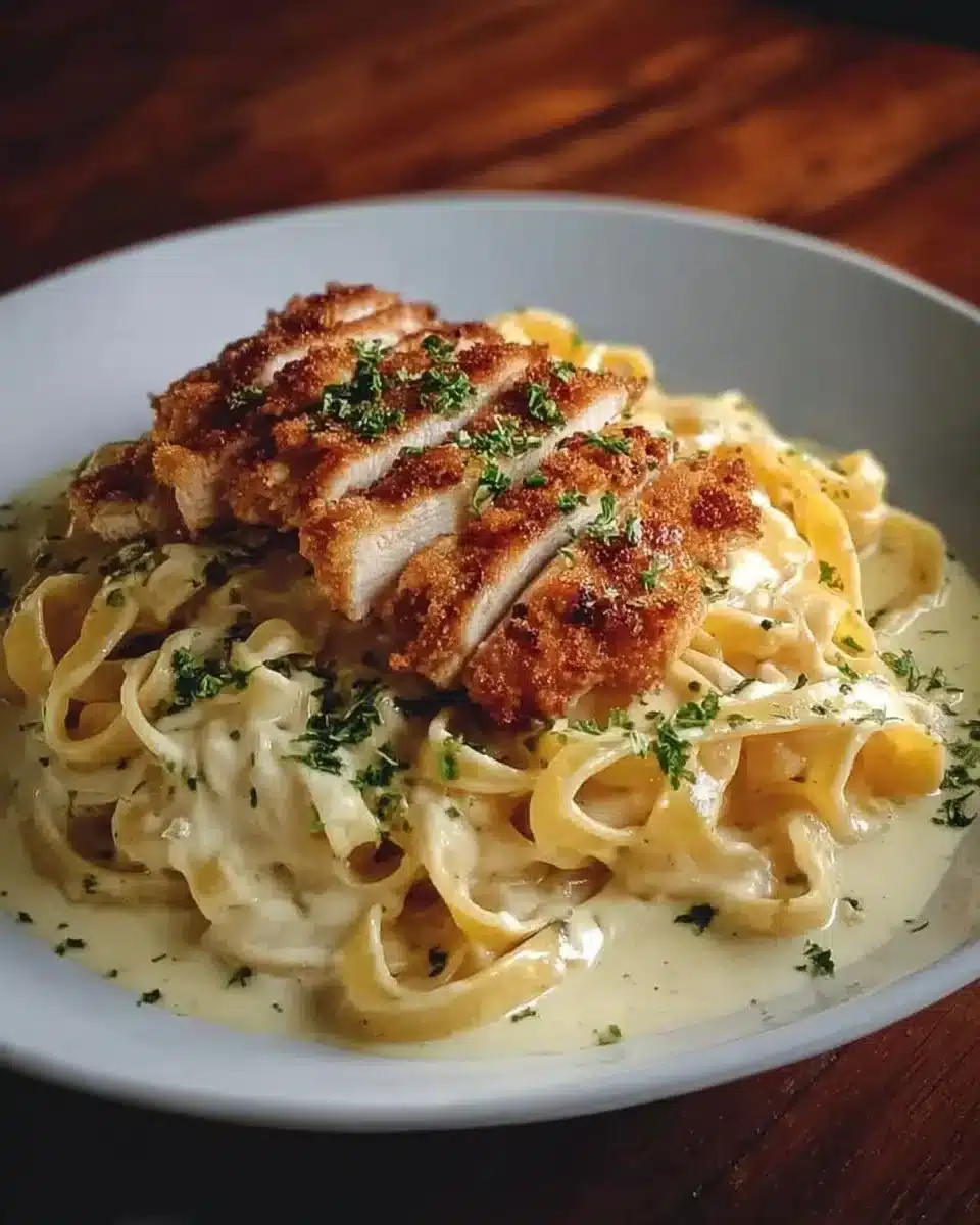 Crispy chicken served with creamy pasta for a delicious meal