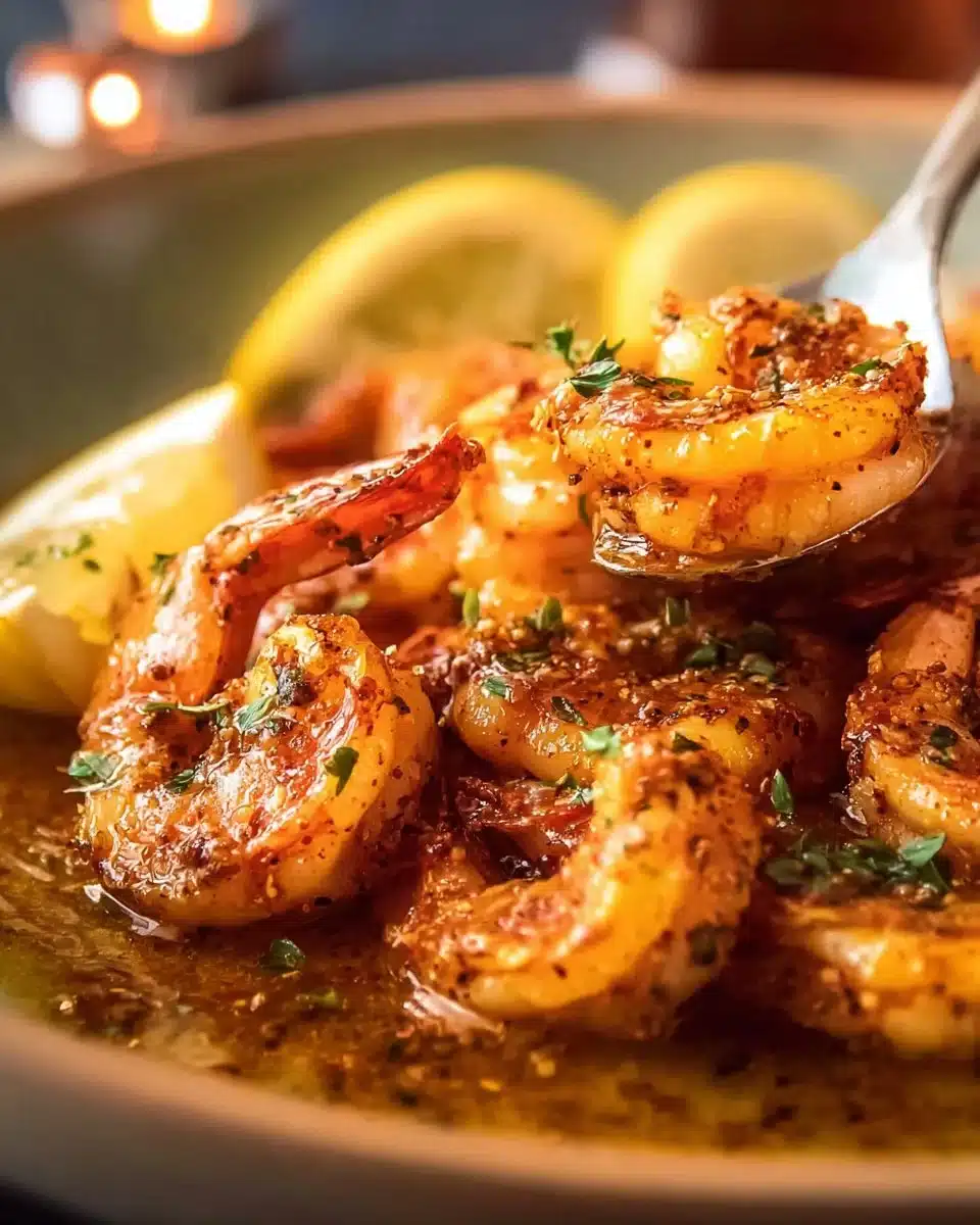 Crispy grilled shrimp with lemon butter sauce served on a plate.