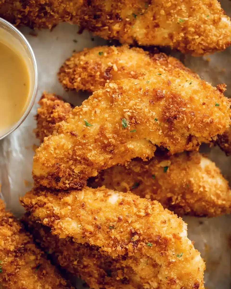 Crispy oven baked chicken tenders served with a side of dipping sauce