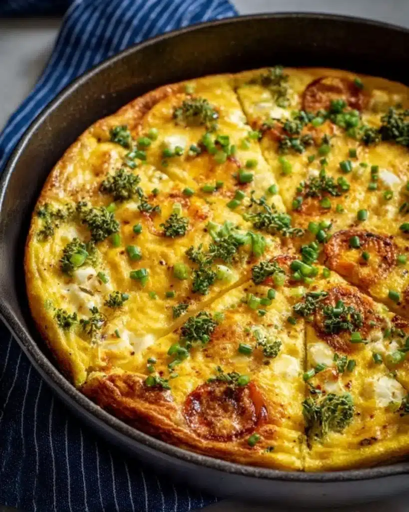 Delicious frittata topped with vegetables and herbs