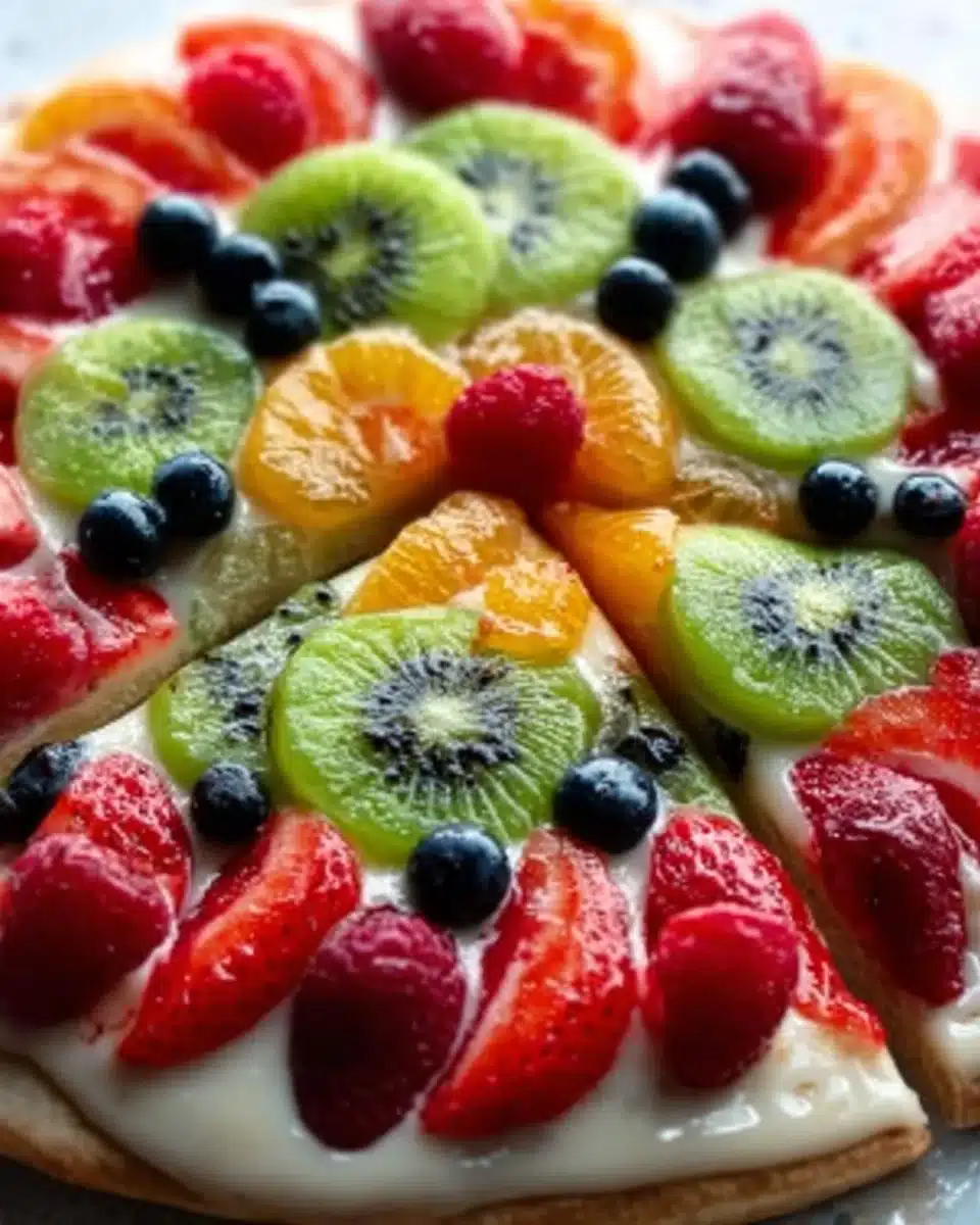 Delicious fruit pizza topped with fresh berries and kiwi on a sweet crust