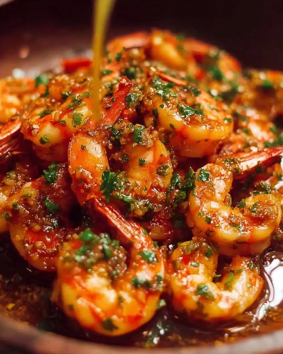 Plate of garlic prawns served with fresh herbs and lemon slices.