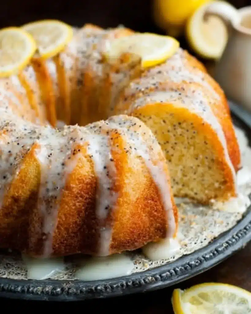 Glazed Lemon Poppy Seed Bundt Cake with lemon frosting and poppy seeds