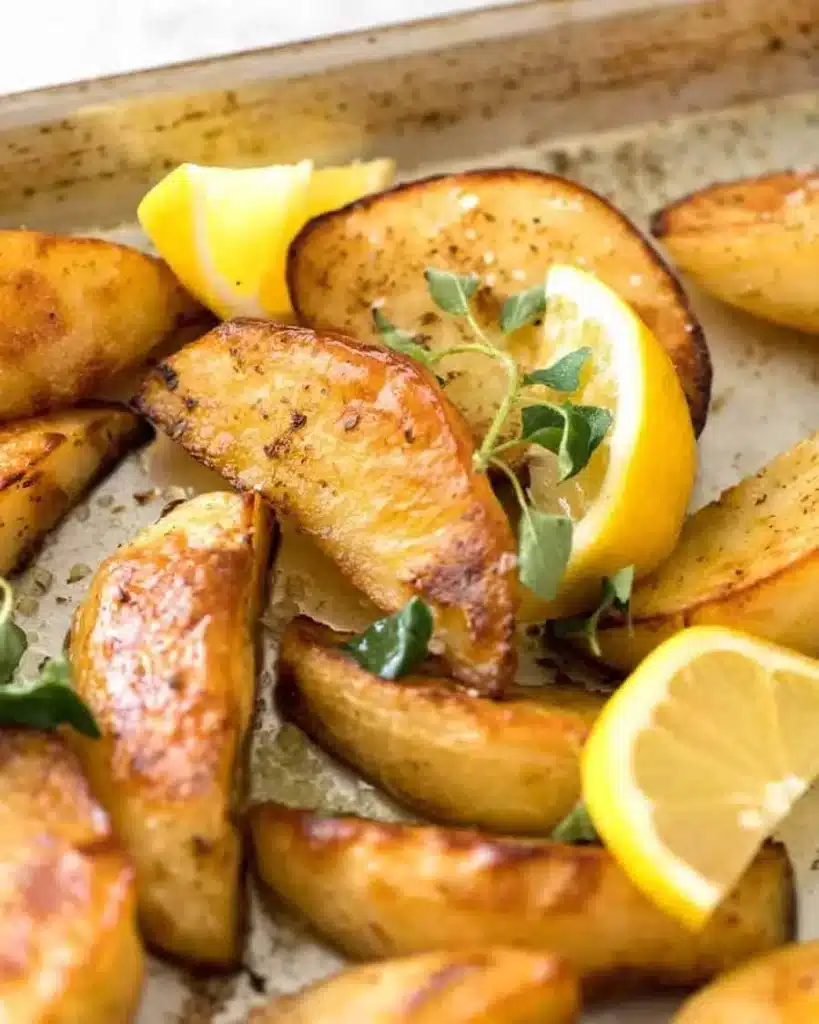 Delicious Greek Lemon Potatoes served with herbs and spices