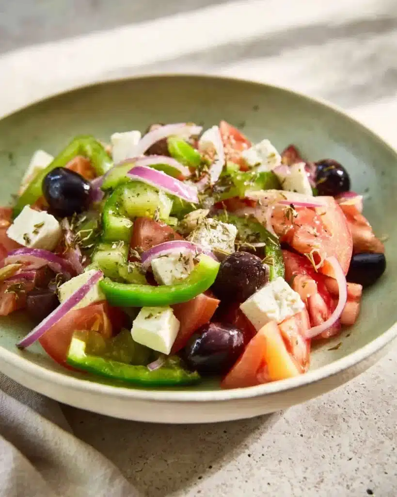 Delicious Greek Salad topped with homemade dressing and fresh vegetables.