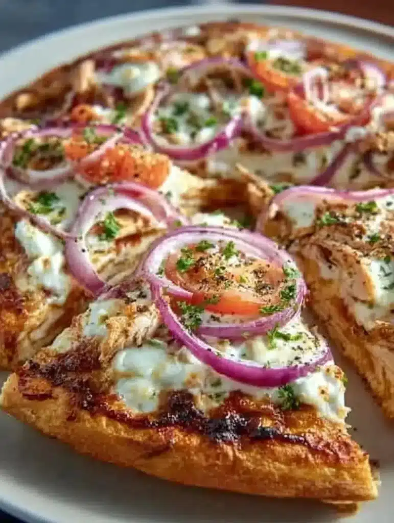 Homemade Greek yogurt pizza crust with toppings fresh out of the oven.