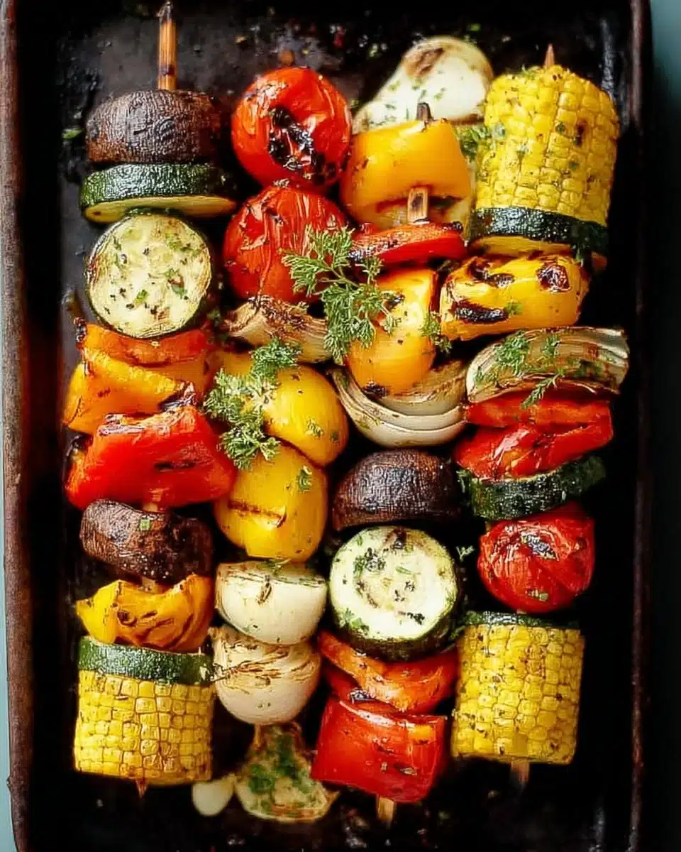 A vibrant plate of grilled vegetables including bell peppers, zucchini, and asparagus.