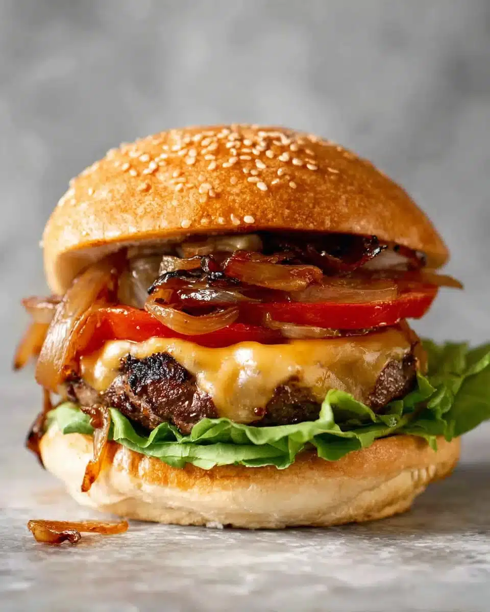 Delicious homemade hamburger with toppings ready to serve