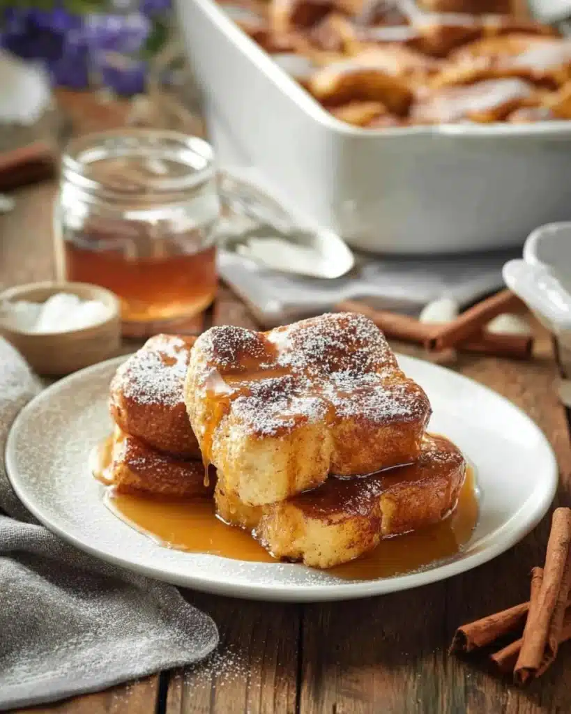Hasselback baked French toast topped with fresh berries and syrup