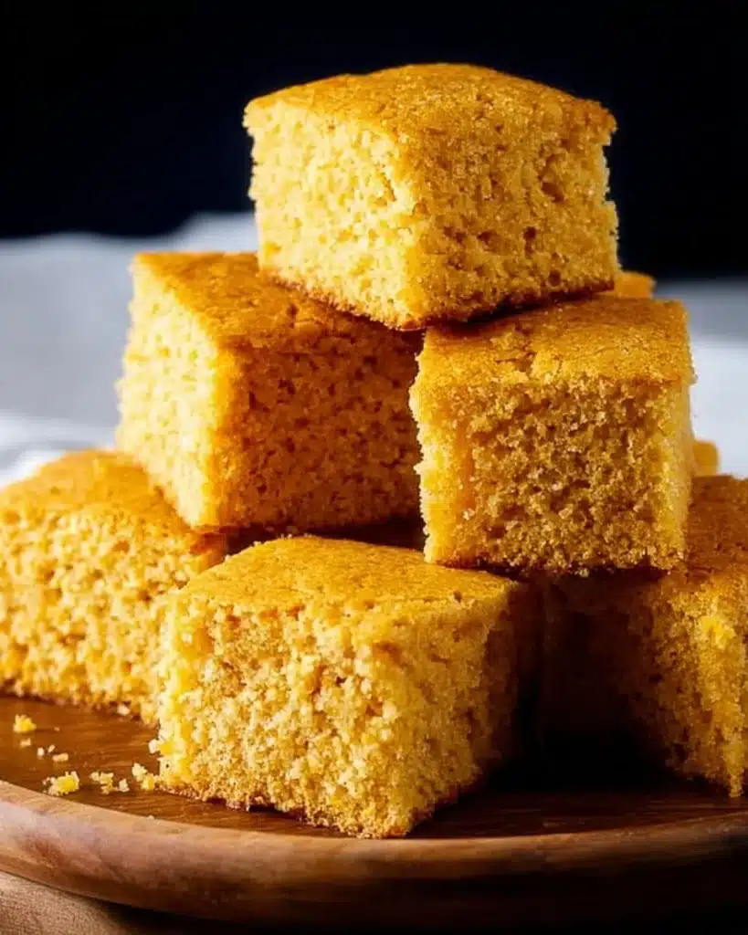 Freshly baked homemade cornbread served on a wooden plate