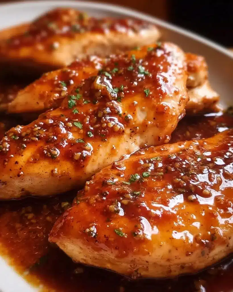 Honey Garlic Chicken Breast served on a plate with herbs and spices.
