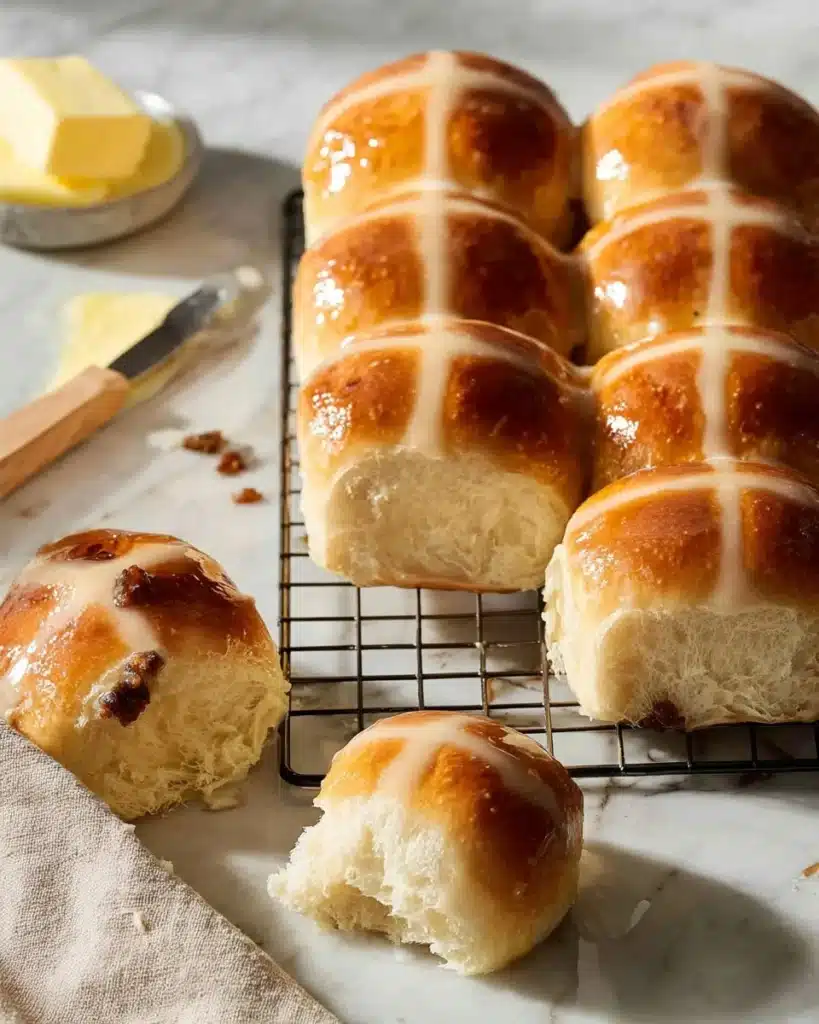 Homemade Hot Cross Buns displayed on a rustic wooden table.