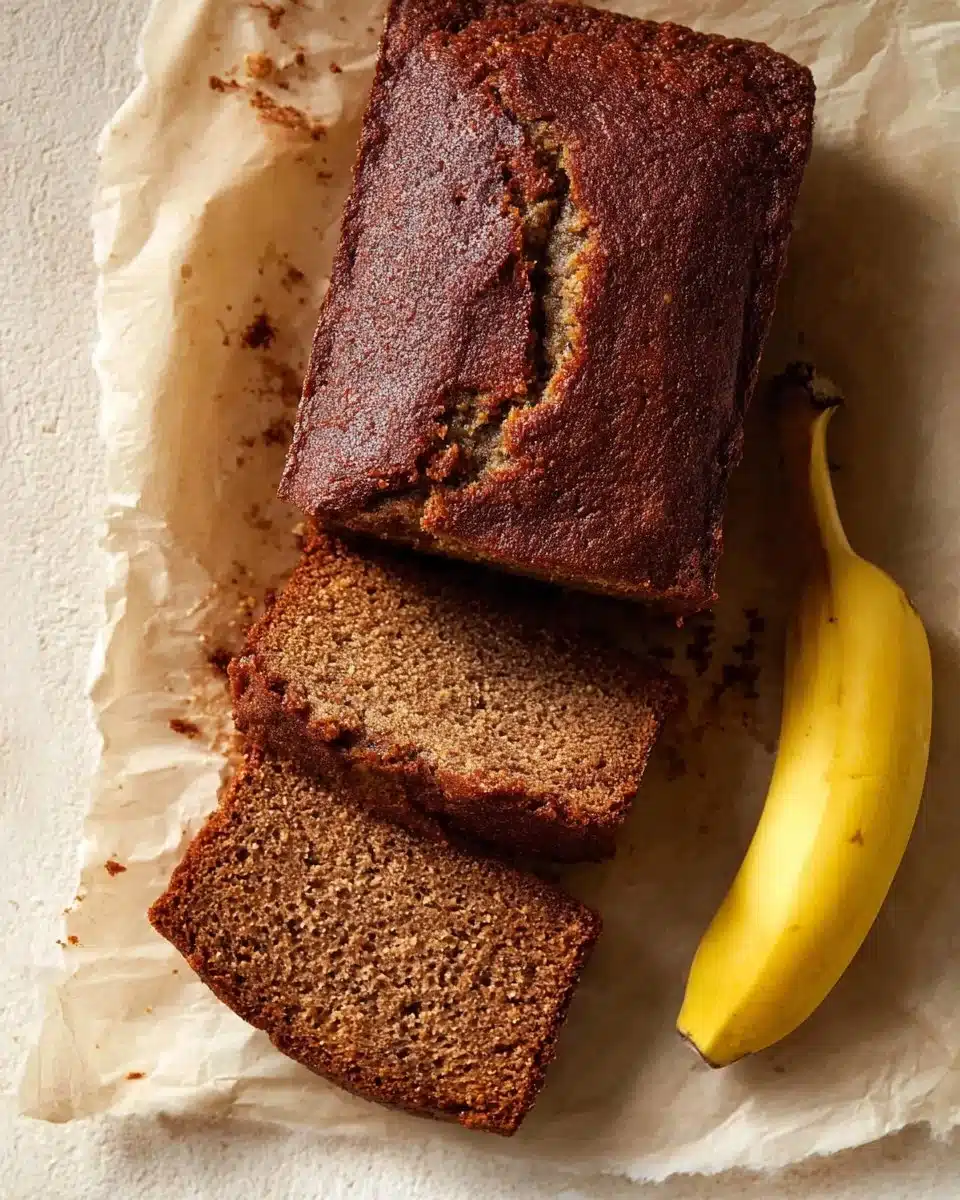 Freshly baked JB's banana bread loaf with ripe bananas and walnuts.
