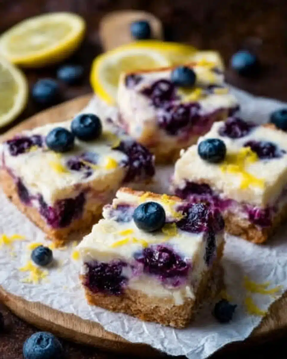 Lemon blueberry cheesecake bars stacked on a white plate with blueberries on top.