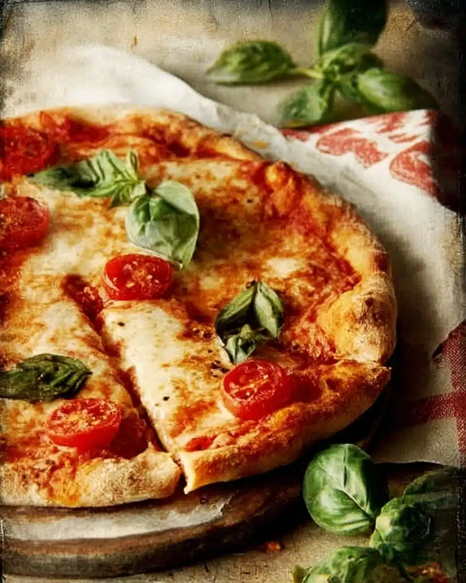 Delicious Margherita Pizza topped with fresh basil, mozzarella cheese, and tomatoes