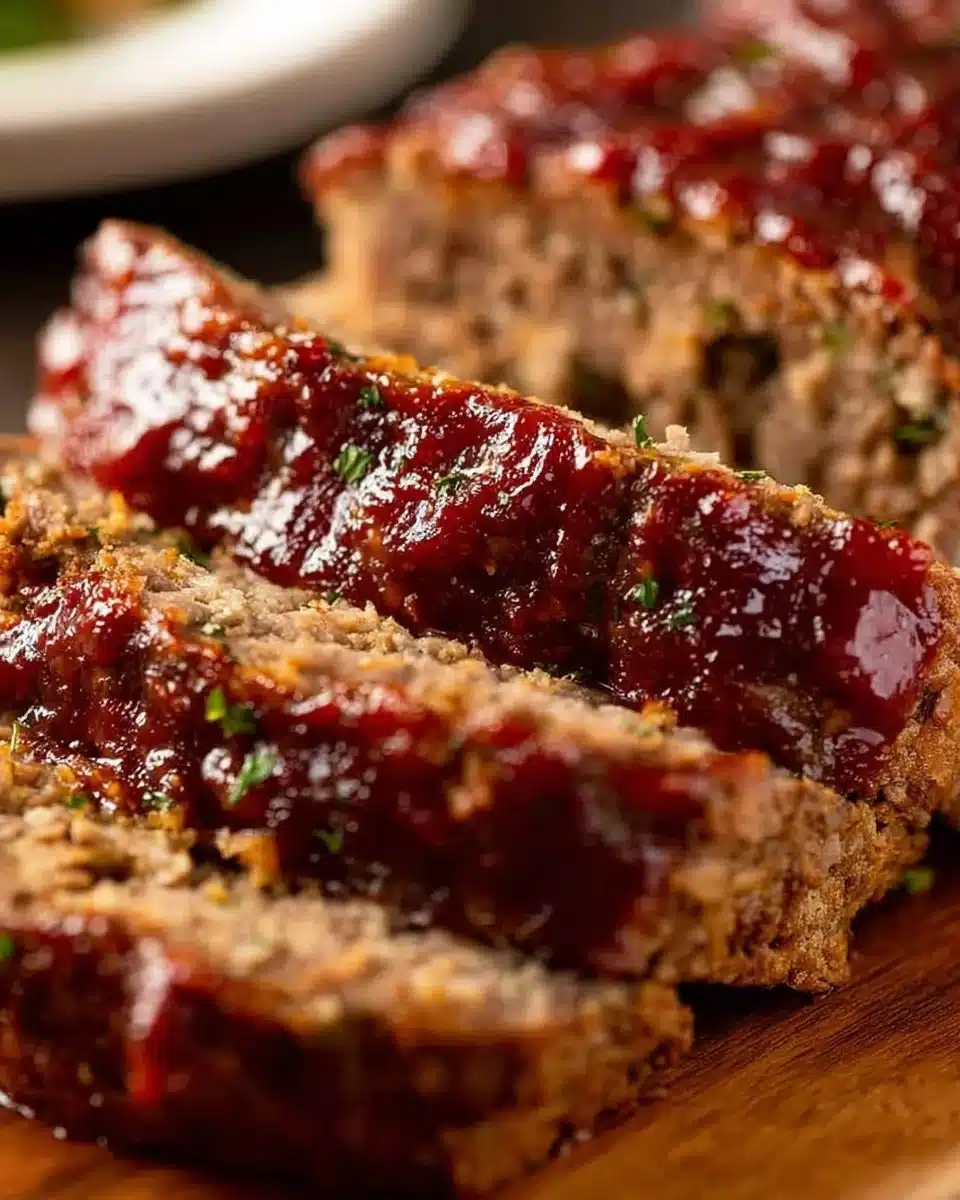 Homemade meatloaf freshly baked, served with mashed potatoes and green beans.