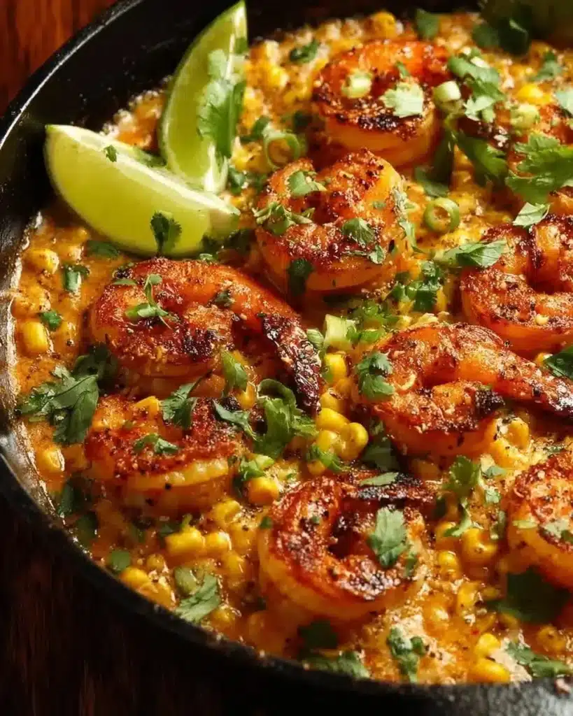 Delicious Mexican Street Corn topped with shrimp and creamy feta cheese sauce.