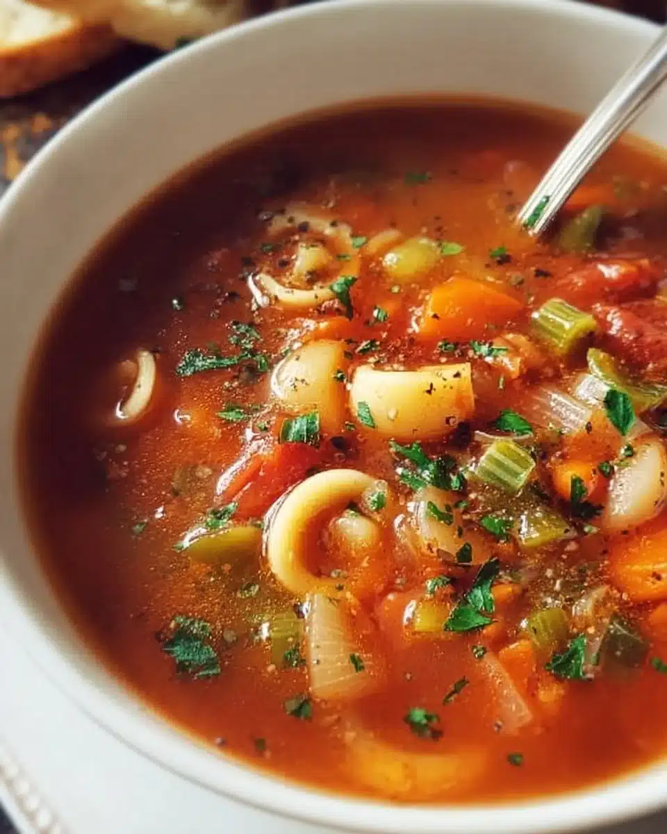 Bowl of hearty minestrone soup with vegetables and pasta