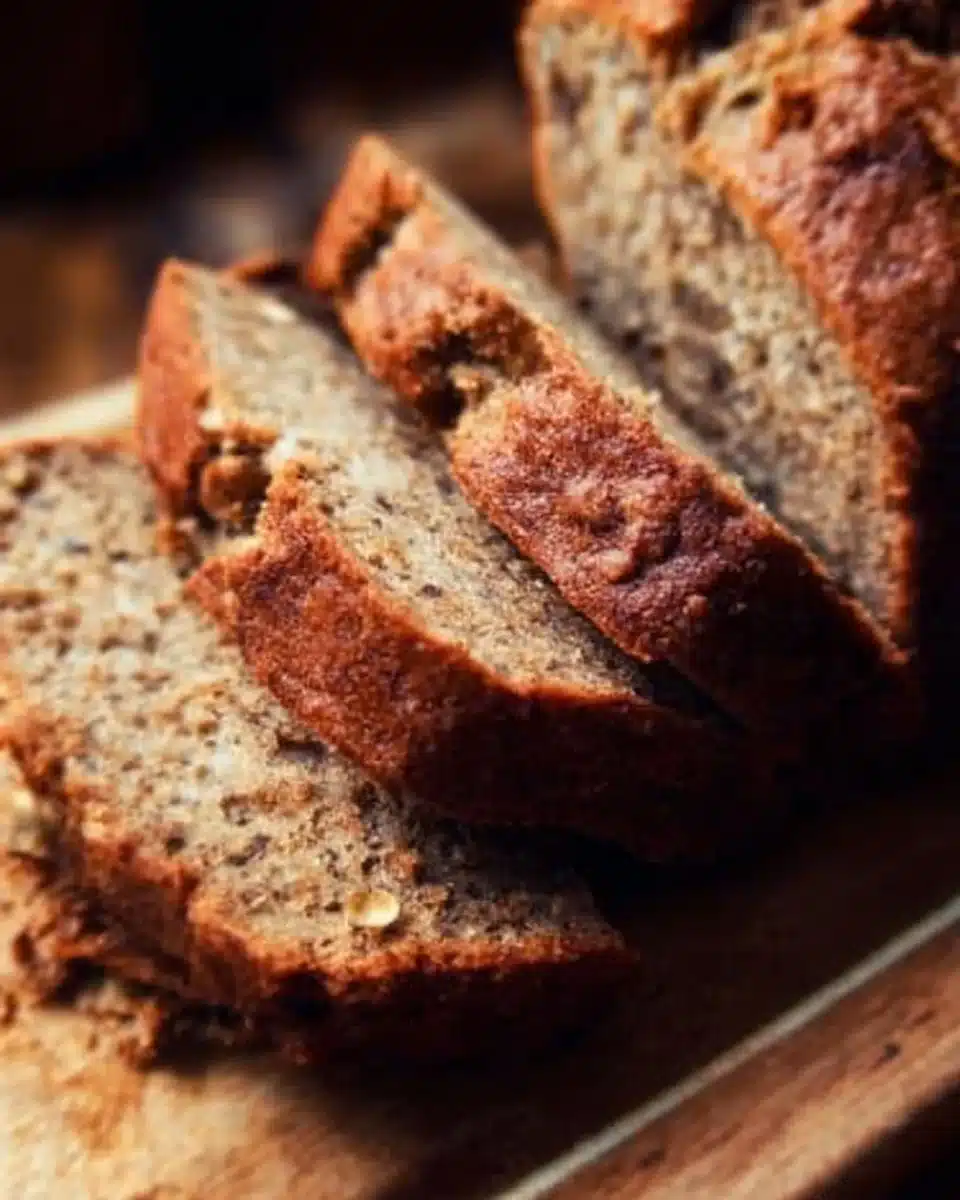 Moist and delicious homemade banana bread with ripe bananas.