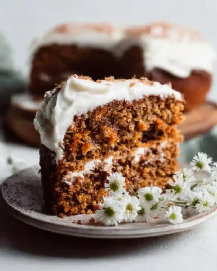 Delicious homemade carrot cake topped with cream cheese frosting