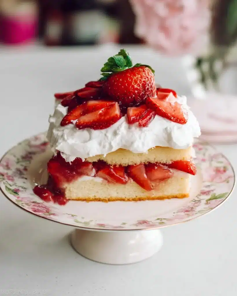 One Layer Strawberry Shortcake Cake with fresh strawberries and whipped cream.