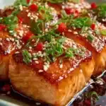 Dish of Orange Teriyaki Salmon garnished with orange slices and herbs