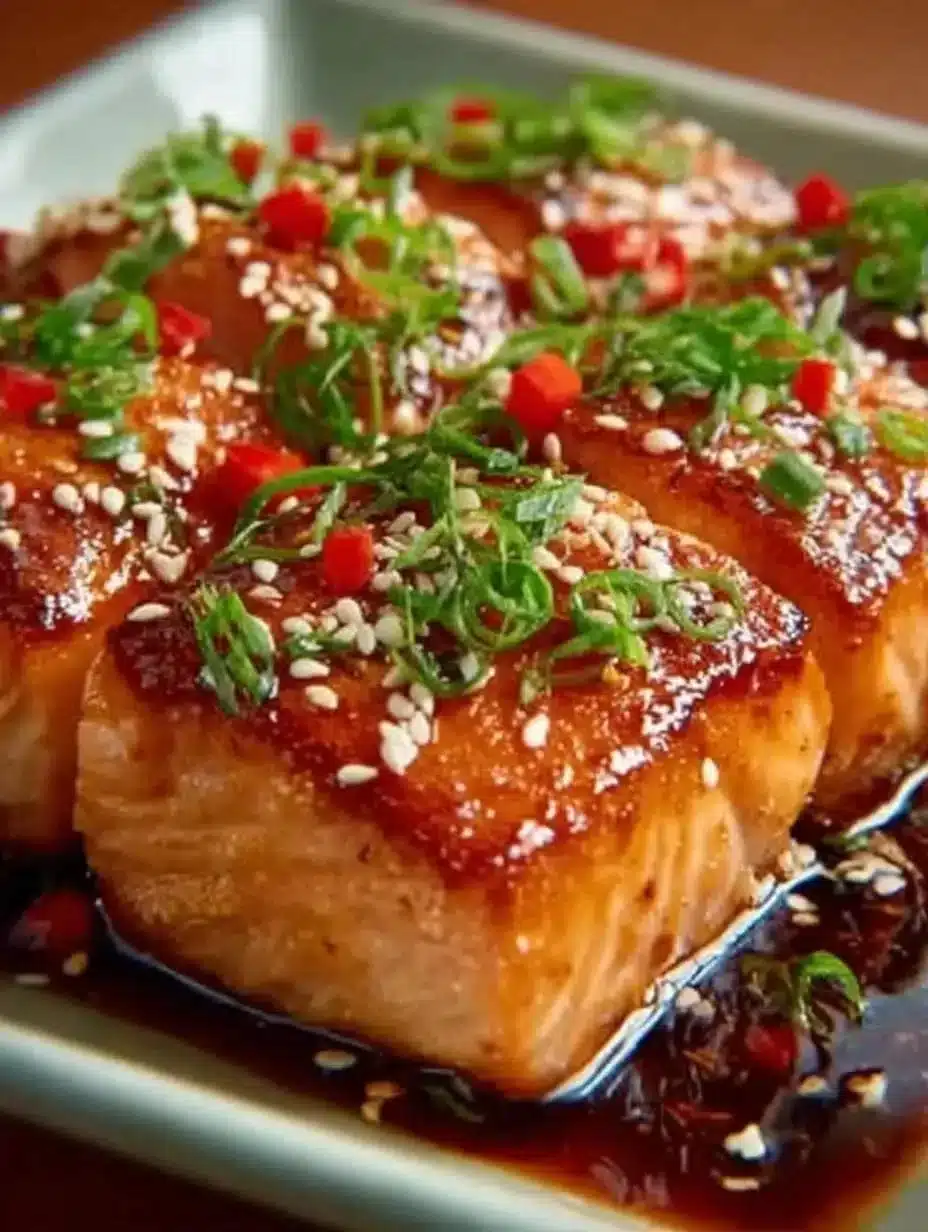 Dish of Orange Teriyaki Salmon garnished with orange slices and herbs