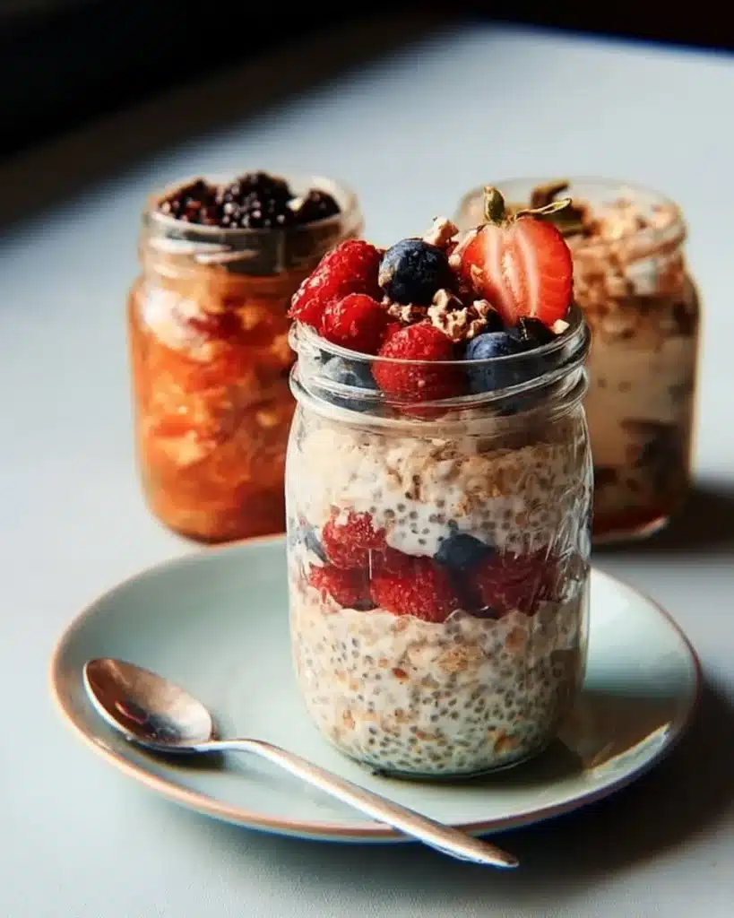 Bowl of creamy overnight oats topped with fruits and nuts