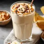 Delicious peanut butter banana smoothie in a glass with fresh ingredients