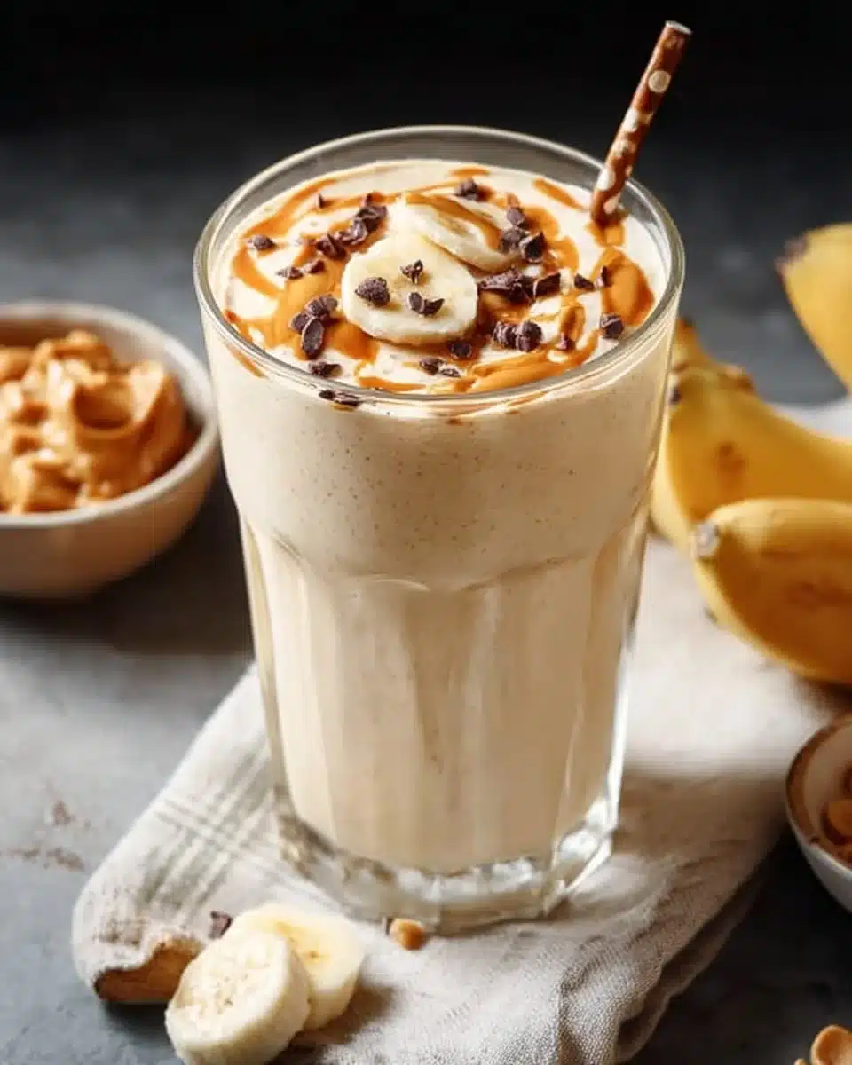 Delicious peanut butter banana smoothie in a glass with fresh ingredients