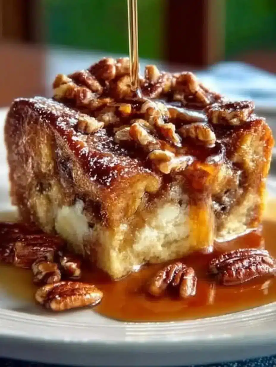Delicious pecan pie bread pudding served in a bowl with pecan garnish.