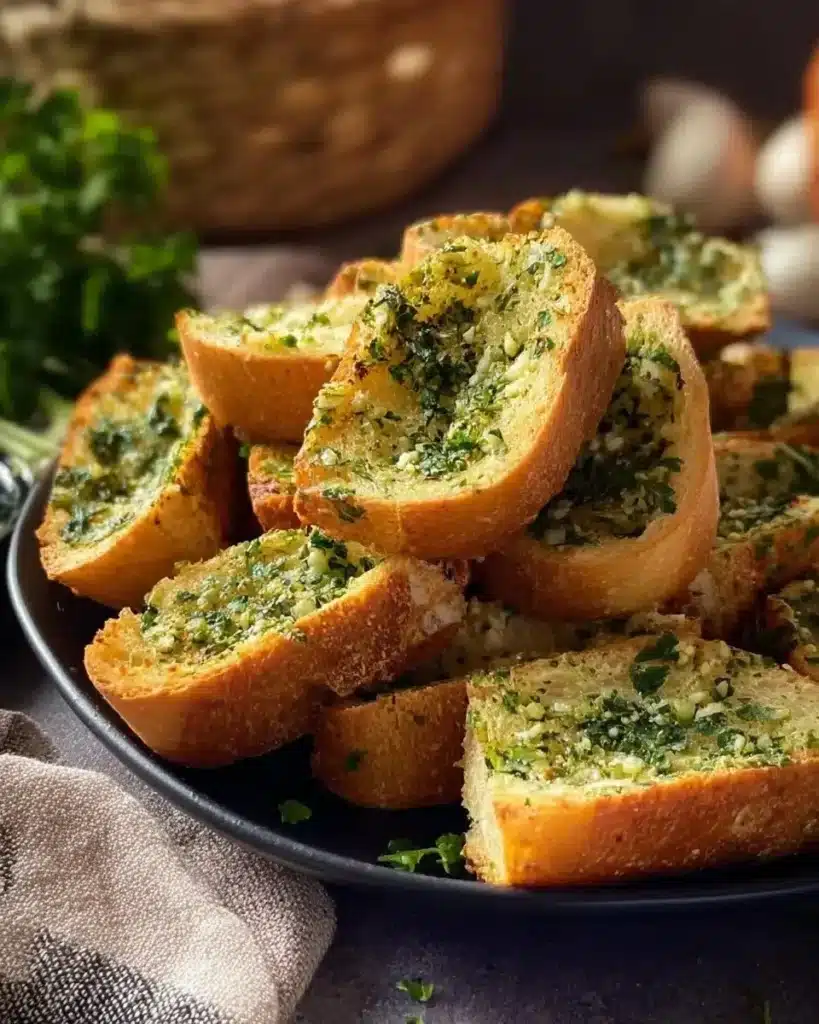 Delicious homemade garlic bread with herbs and butter on a wooden table.