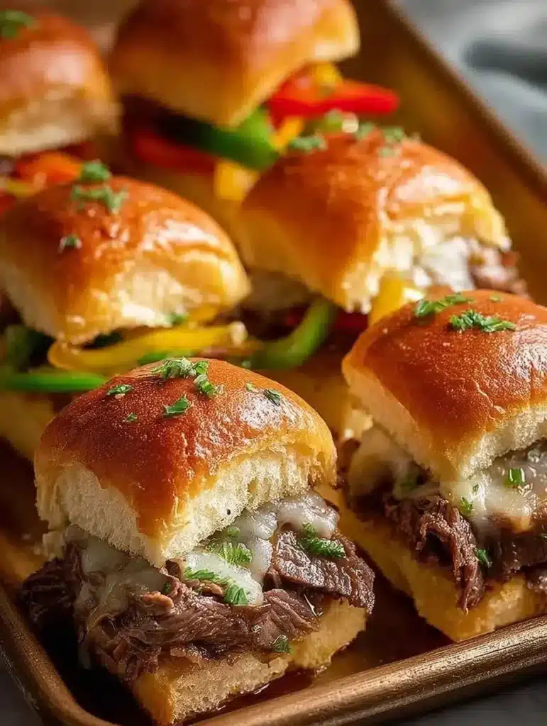 Philly Cheesesteak Sliders topped with melted cheese on a platter