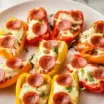 Delicious pizza stuffed mini peppers with colorful toppings