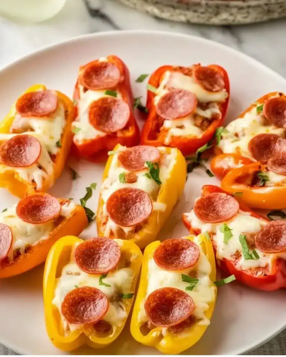 Pizza Stuffed Mini Peppers 1 Delicious pizza stuffed mini peppers with colorful toppings