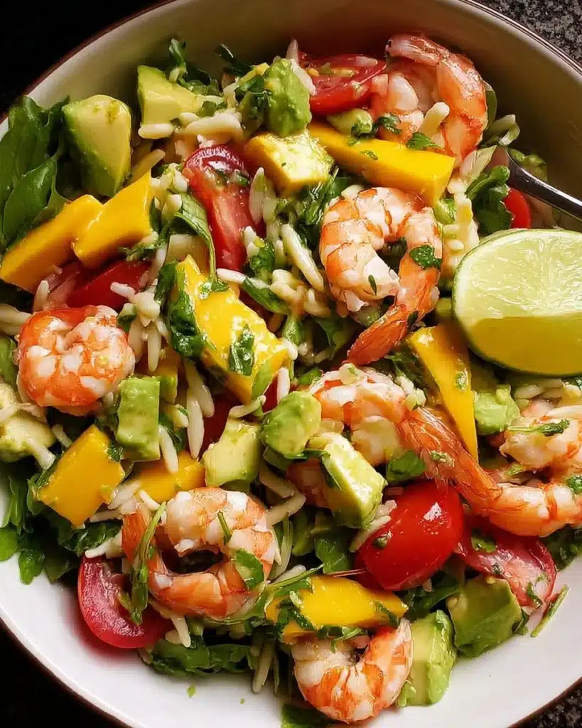 Prawn mango avocado summer salad with lime dressing in a bowl