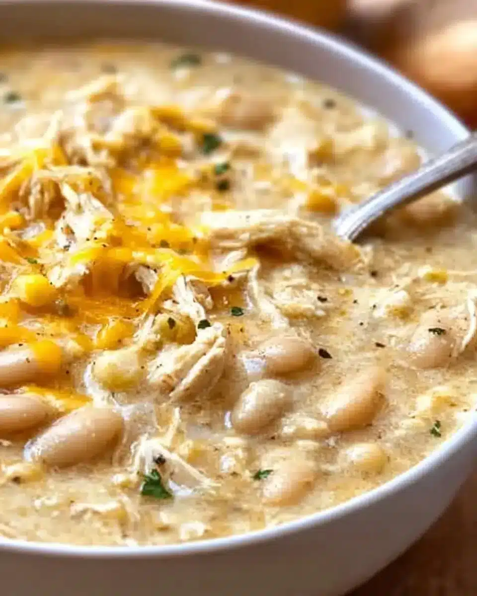 A bowl of quick and easy white chicken chili garnished with cilantro and lime